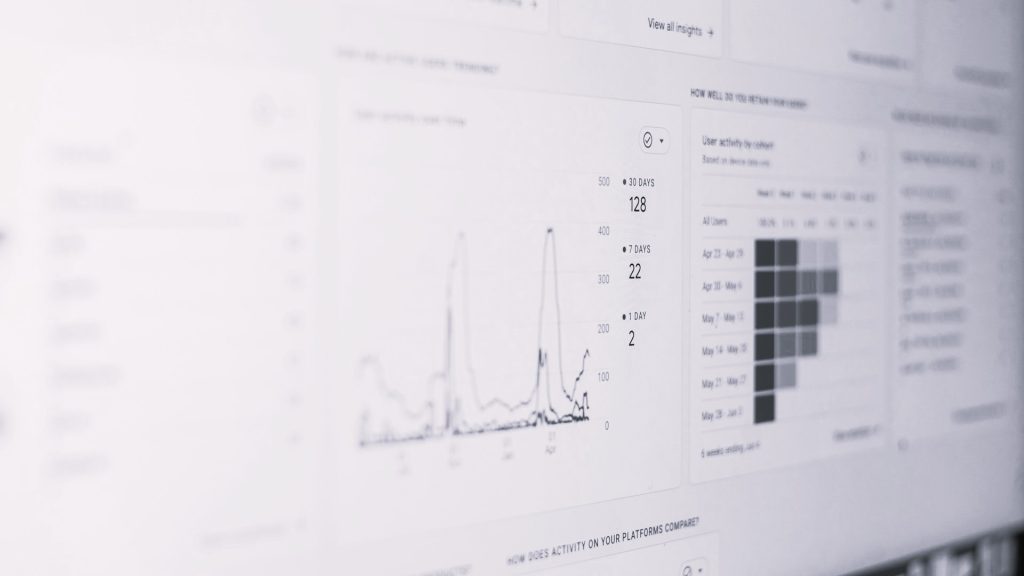 A blurred close-up of a digital dashboard displaying various financial graphs, charts, and data analytics, representing financial management insights.
