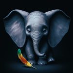 A young elephant with unusually large ears sits looking forlornly at a brightly coloured feather on the ground, symbolising its journey from perceived weakness to discovering unique strength. This image represents the theme of undervalued talent and unconventional strengths in risk management. 