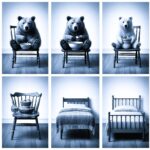 A blue-toned conceptual grid image of six panels illustrating the Goldilocks fable. Top row shows Papa Bear, Mama Bear, and Baby Bear with bowls on chairs. Bottom row shows stacked mismatched bowls on a chair, a small single bed, and a larger single bed, all within a wooden room environment.