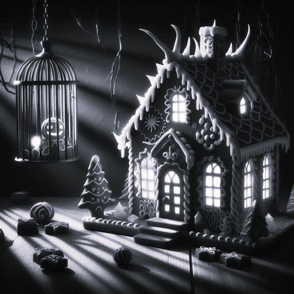 Black and white image of a sinister-looking gingerbread house with glowing windows and sharp icicle-like decorations. A hanging birdcage with a small, trapped figure is visible to the left. The scene evokes the cautionary tale of Hansel and Gretel.