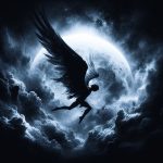 A silhouette of a winged figure, Icarus, soaring towards a brilliant sun through dark, dramatic clouds, symbolising ambition, hubris, and the risks of overconfidence.