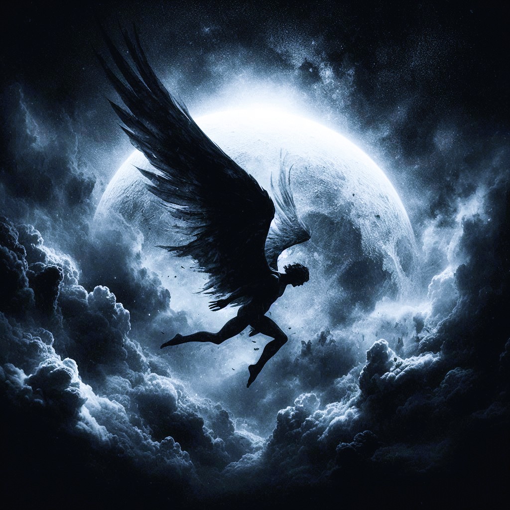 A silhouette of a winged figure, Icarus, soaring towards a brilliant sun through dark, dramatic clouds, symbolising ambition, hubris, and the risks of overconfidence.