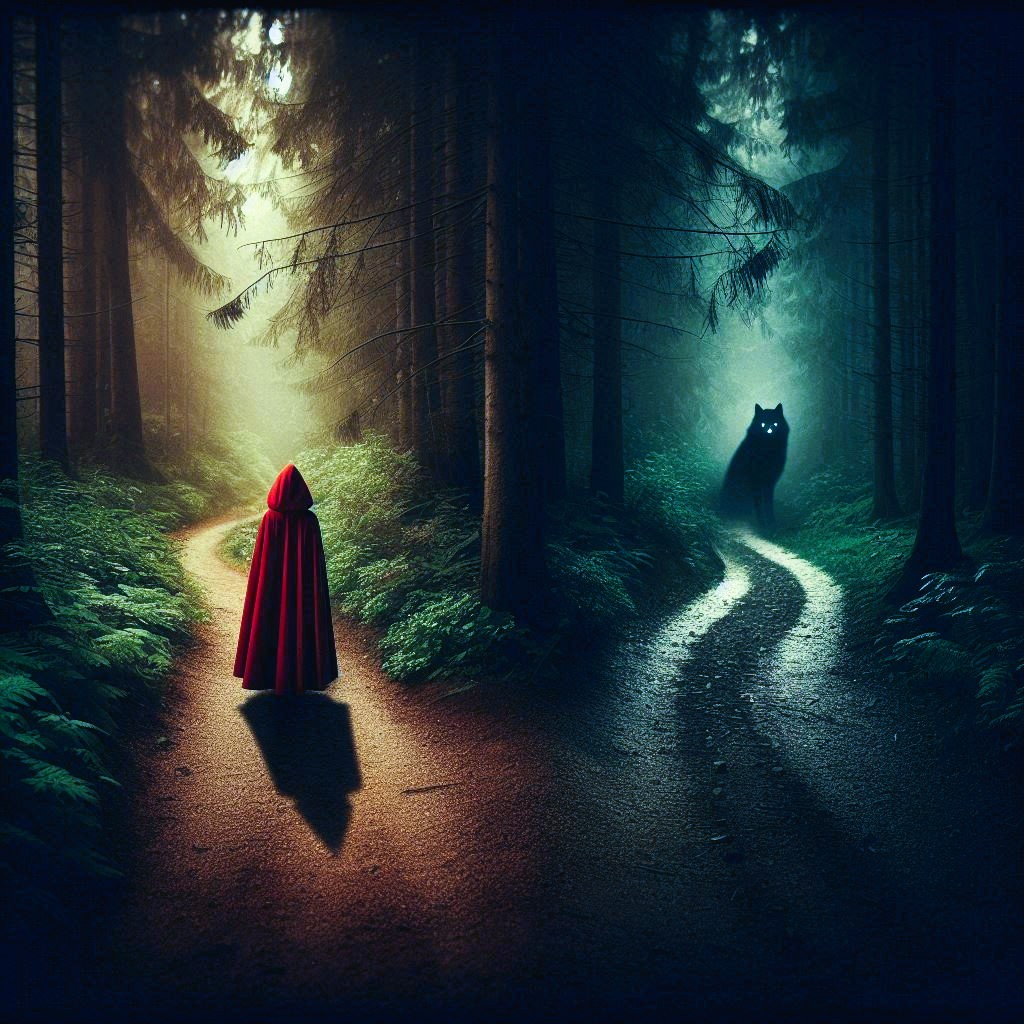 A person in a red hooded cloak walks on a sunlit forest path that splits. One path continues into a bright, safe-looking area, while the other leads into a dark, ominous forest where the glowing eyes of a large wolf are visible. The image represents a choice between safety and a deceptive external threat.