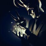 A man in a sharp suit holding a glowing horned Loki mask, representing the hidden nature of insider threats and corporate deception.