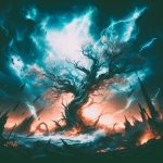 A dramatic illustration of chaos, fire, and a final cataclysmic conflict, symbolising the mythological event of Ragnarök and systemic risk.