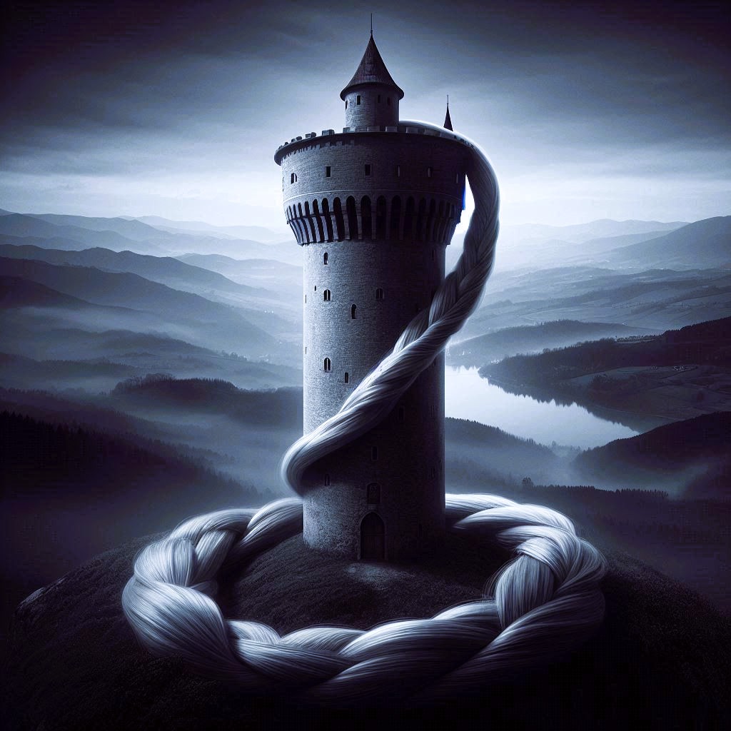 An illustration of Rapunzel's long hair flowing from the high tower, representing the risks of organisational isolation and single points of control.