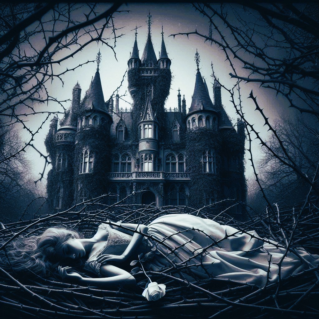 Image depicting Sleeping Beauty, Princess Aurora, lying unconscious amidst a dense bed of sharp, dark thorns. In the background, a large, gothic, ivy-covered castle stands ominously against a stark sky. The scene symbolises isolation and the severe, long-term consequences of overlooked risks.