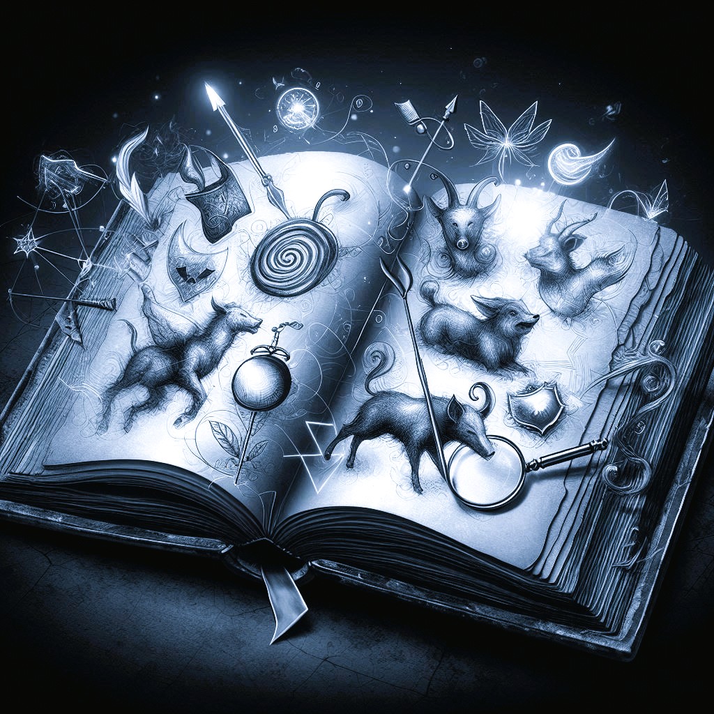 An illuminated open book featuring stylised classic tale characters (like pigs, a wolf, a fox) and risk management symbols (magnifying glass, shield, compass), representing storytelling in risk management.