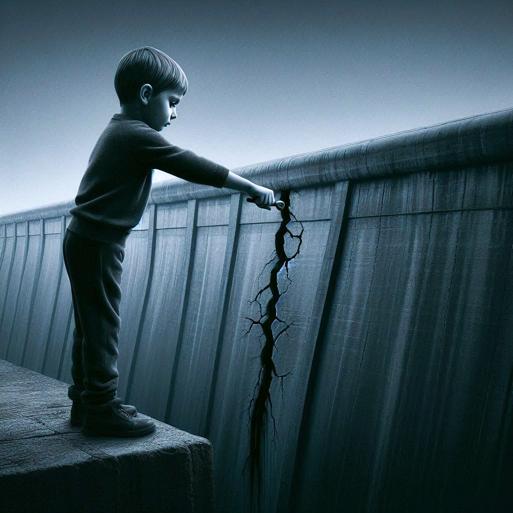 A young boy stands on a dam wall, pressing his finger into a small crack to stop water leaking through.