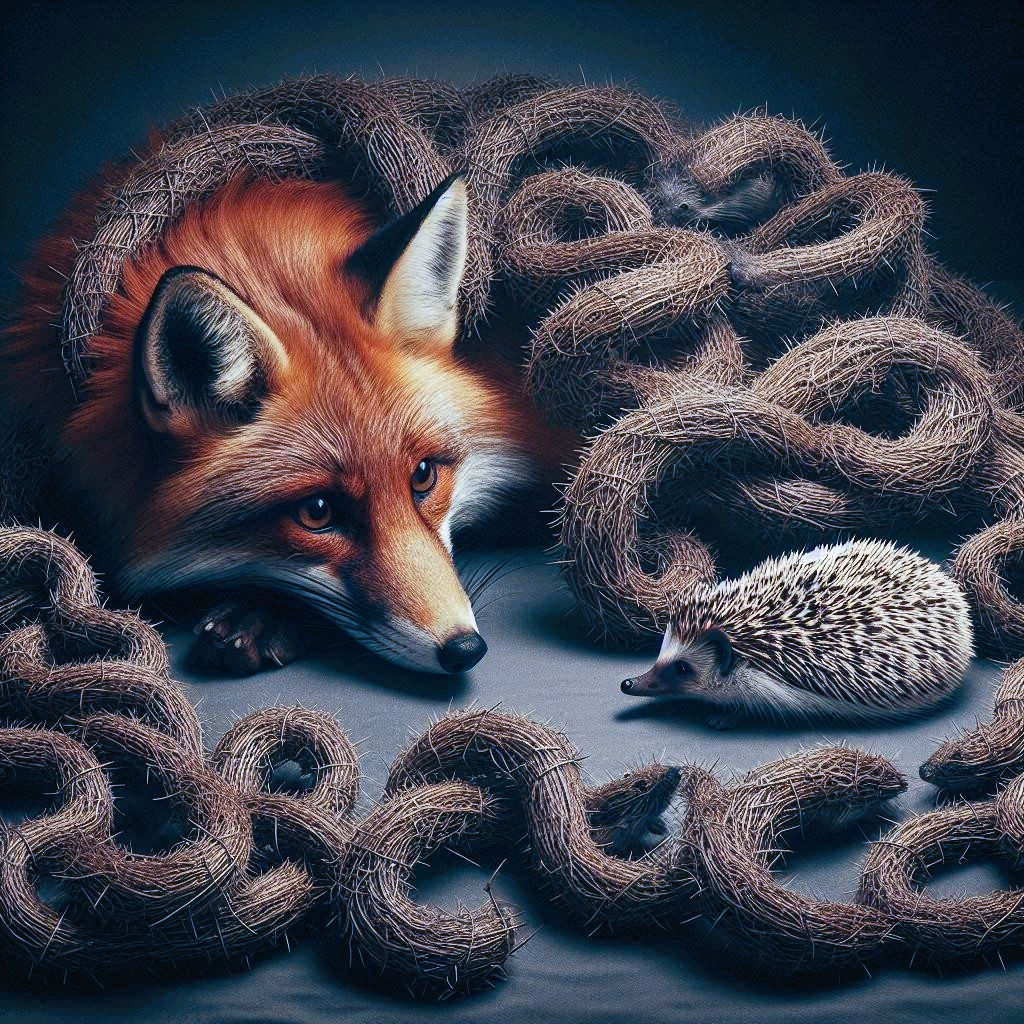 A fox with lies nestled amongst a dark, thorny tangle, observing a small hedgehog. The hedgehog is positioned in the foreground, facing the fox, amidst the same thorny environment. The image symbolises a cautious contemplation of risk and intervention.