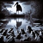 A black and white illustration of numerous frogs in a pond among lily pads, all looking upwards in awe and fear at a colossal, silhouetted stork standing against a moonlit, moody sky. This represents the unforeseen consequences of poor leadership choices.