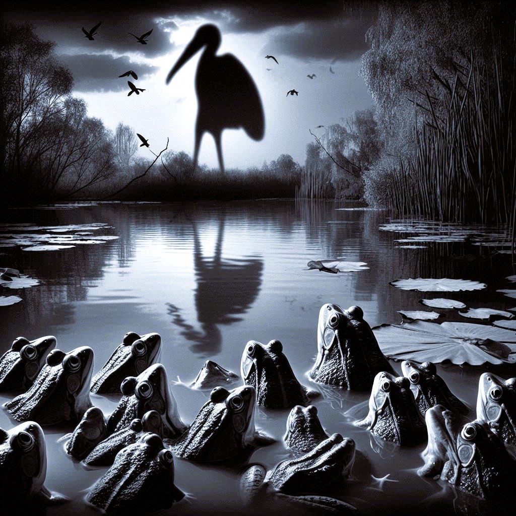 A black and white illustration of numerous frogs in a pond among lily pads, all looking upwards in awe and fear at a colossal, silhouetted stork standing against a moonlit, moody sky. This represents the unforeseen consequences of poor leadership choices.