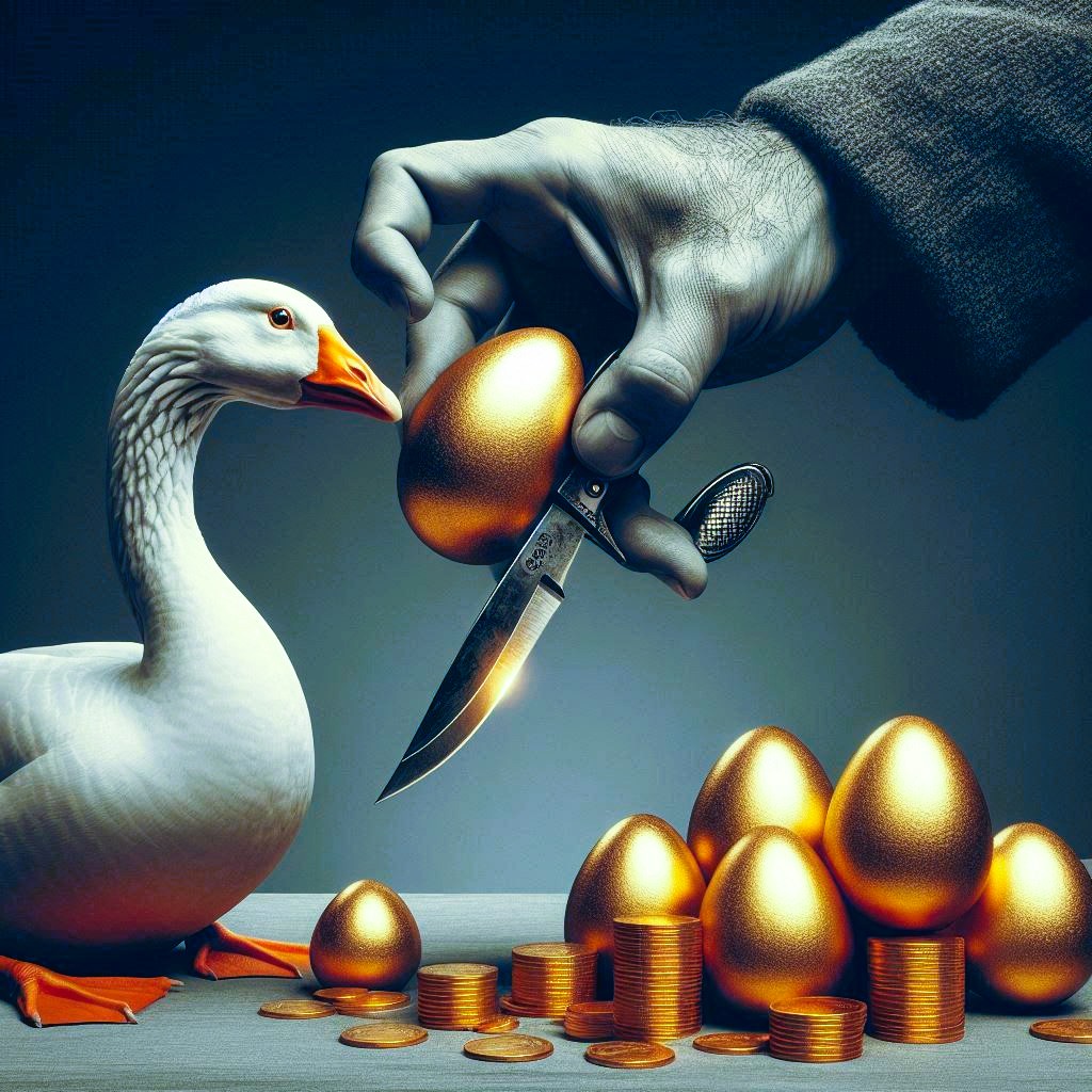 An illustration showing a man standing over a goose, while holding a knife. A golden egg lies next to the goose, symbolising the moment the couple destroyed their reliable source of wealth due to impatience and greed.
