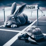 A large, grey hare is shown sleeping on a racetrack near the "FINISH" line banner, while a small, determined tortoise slowly but steadily walks past it towards the finish. This image visually represents the dangers of overconfidence and the value of consistent effort in strategic risk management.