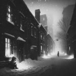 Dramatic, stylised illustration of a young girl, the Little Match Girl, standing alone on a snowy, dark street corner at night. She  symbolises the organisation's dwindling resources and desperate hope against overwhelming external pressure.