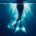 A figure submerged underwater, viewed from below, showing human legs transforming into a mermaid tail. Musical notes float around the legs, illustrating the loss of her voice (core capability) in exchange for an irreversible transformation.