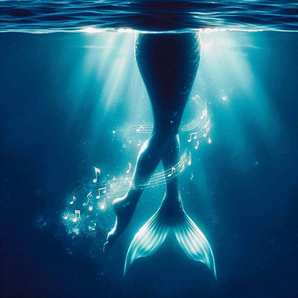 A figure submerged underwater, viewed from below, showing human legs transforming into a mermaid tail. Musical notes float around the legs, illustrating the loss of her voice (core capability) in exchange for an irreversible transformation.