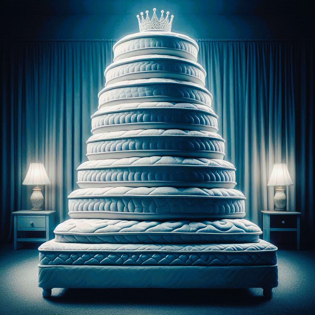 A high, symmetrical stack of white mattresses in a cool-toned bedroom. A glowing crown is at the very top. Two lamps and nightstands are on either side. This illustrates 'The Princess and the Pea' and 'detecting weak signals in risk.