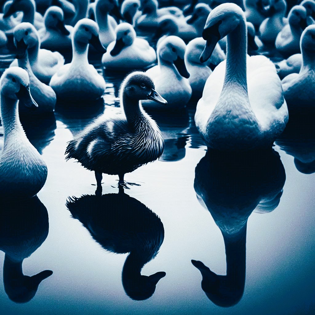 An illustration of a grey cygnet among ducklings, representing the risk of overlooking unconventional potential in business.