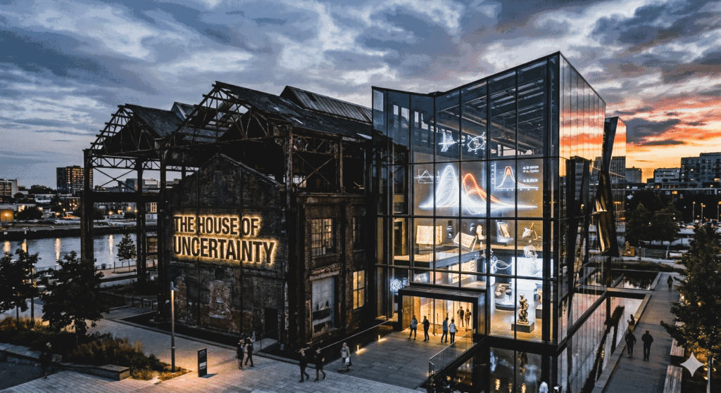 An architectural concept of The House of Uncertainty, a Museum of Risk, featuring a weathered industrial brick building connected to a modern glass structure with holographic probability curves.