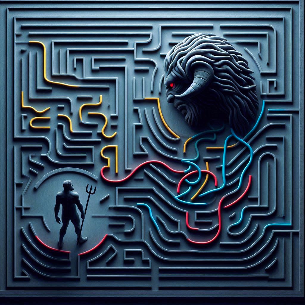 A picture of a man in a maze and deep within that maze is located a minotaur. A coloured thread provides a route out of the maze.