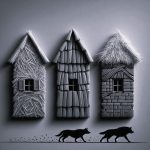 Stylised images of three houses made of straw, sticks, and bricks, with two wolves approaching below, illustrating the importance of robust contingency planning and building strong foundations in risk management.