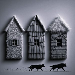 Stylised images of three houses made of straw, sticks, and bricks, with two wolves approaching below, illustrating the importance of robust contingency planning and building strong foundations in risk management.