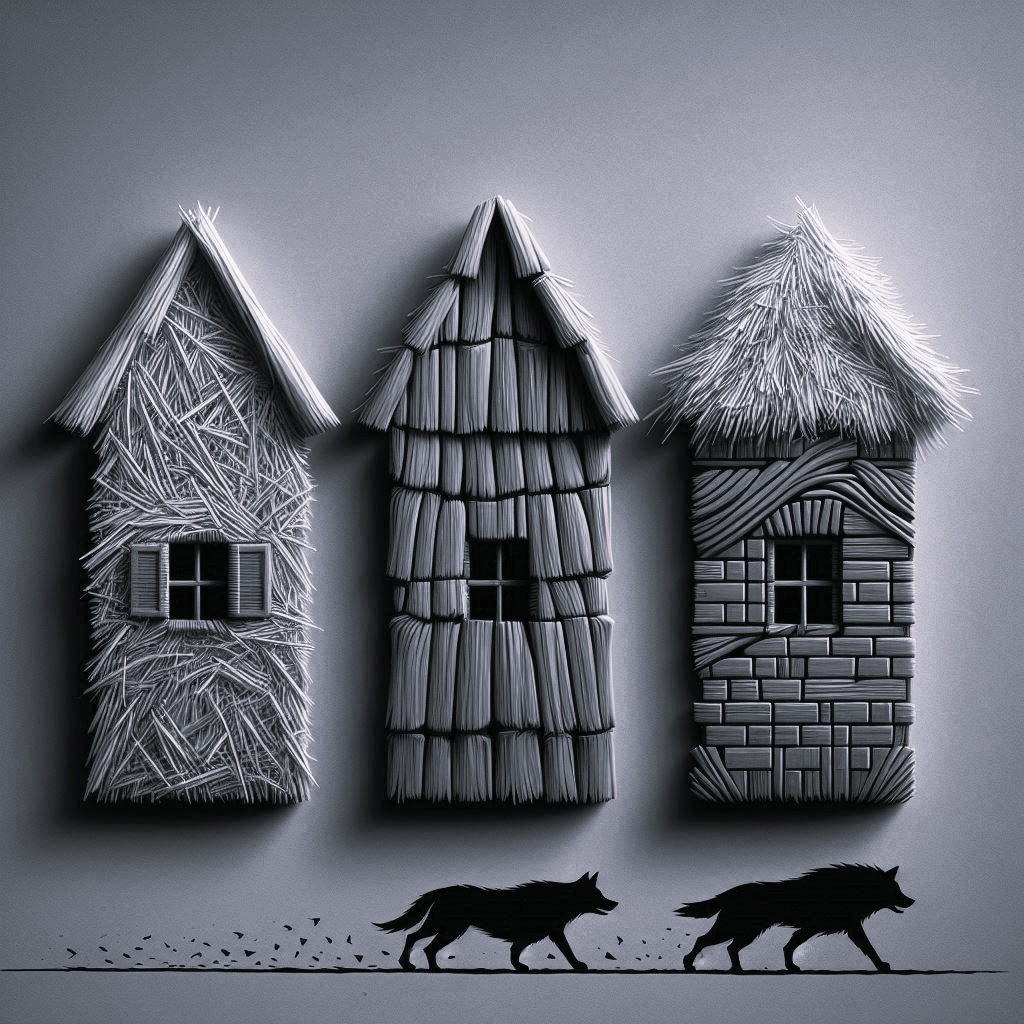 Stylised images of three houses made of straw, sticks, and bricks, with two wolves approaching below, illustrating the importance of robust contingency planning and building strong foundations in risk management.